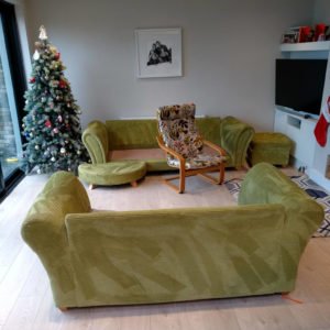 olive green sofas that have just been cleaned